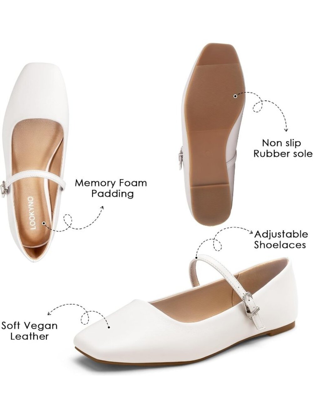 Women's White Ballet Mary Jane Adjustable Straps Square Closed Toe Flats Shoes - Picture 5 of 6